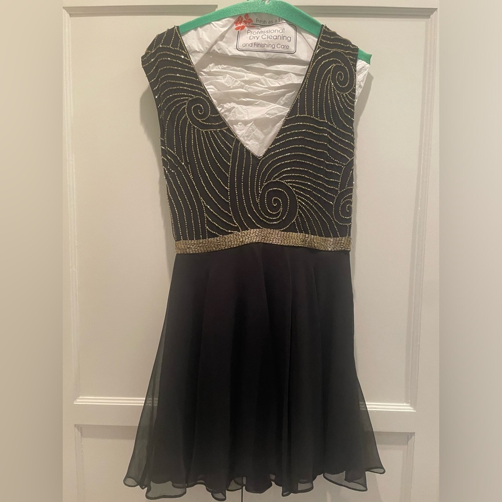 Midnight blue mini cocktail dress with gold beading